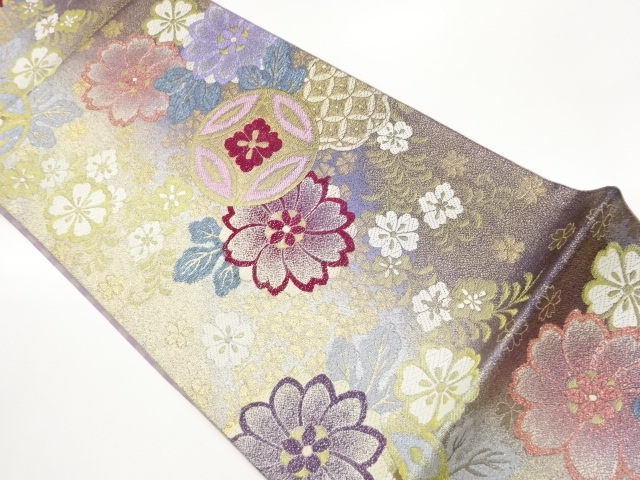 JAPANESE KIMONO / FUKURO OBI / SILK / WOVEN FLOWERS & SHIPPO & FLORAL RHOMBUS